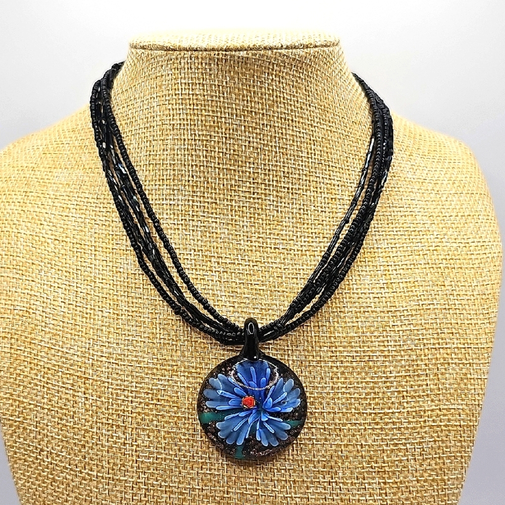 Murano Style Floral Motif Black Necklace